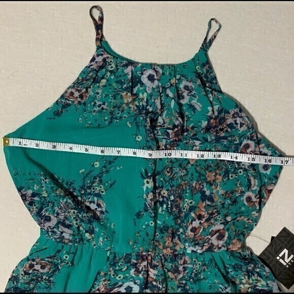 NWT Iz Byer Floral Spaghetti Strap Pintuck Halter Chiffon Turquoise Dress Size S - Picture 4 of 10